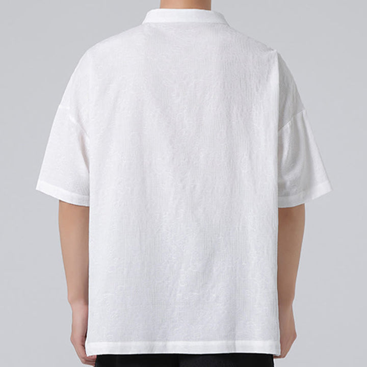 Buddha Stones Retro Pure Color Frog-Button Design Jacquard Flower Pattern Men's Short Sleeve Cotton Linen Shirt - image 17