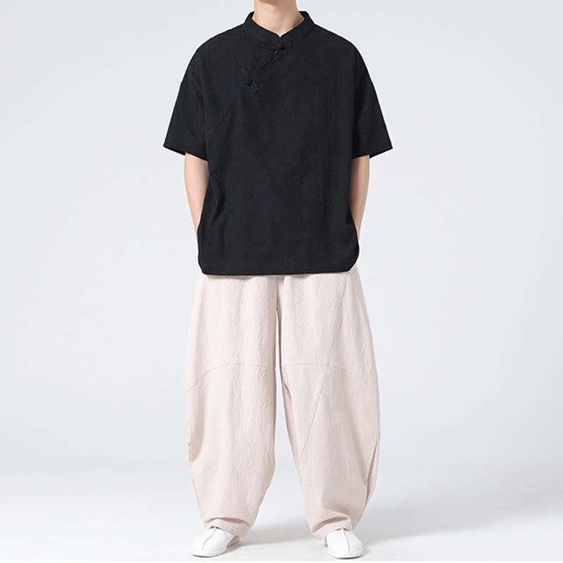 Buddha Stones Retro Pure Color Frog-Button Design Jacquard Flower Pattern Men's Short Sleeve Cotton Linen Shirt - image 33