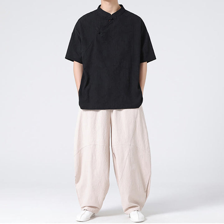 Buddha Stones Retro Pure Color Frog-Button Design Jacquard Flower Pattern Men's Short Sleeve Cotton Linen Shirt - image 33