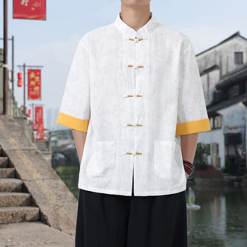 Buddha Stones Retro Printing Flower Pattern Frog-Button Design Stand Collar Men's Half Sleeve Cotton Shirt With Pockets - White - US/UK/AU46，EU56 (5XL) - image 7