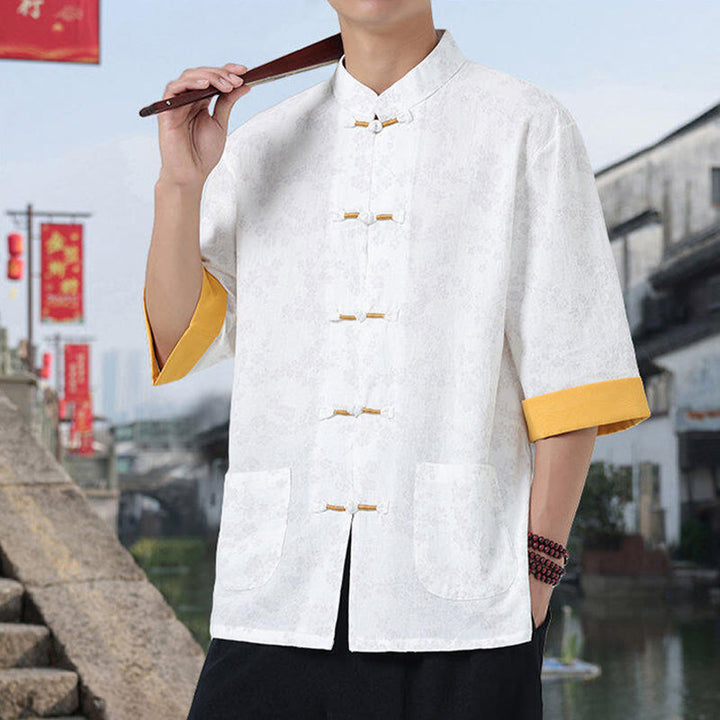 Buddha Stones Retro Printing Flower Pattern Frog-Button Design Stand Collar Men's Half Sleeve Cotton Shirt With Pockets - image 8