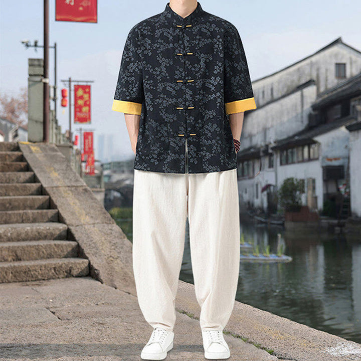 Buddha Stones Retro Printing Flower Pattern Frog-Button Design Stand Collar Men's Half Sleeve Cotton Shirt With Pockets - image 6