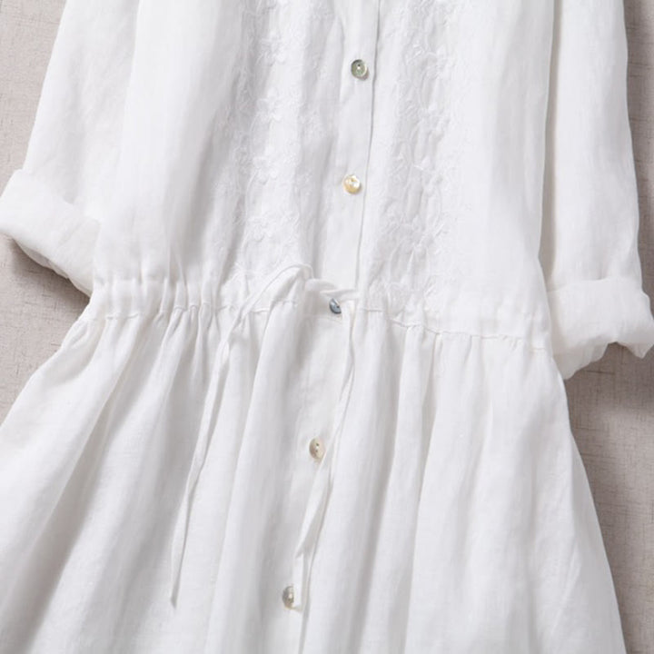 Buddha Stones Fall Embroidery Button Design Cotton Linen Long Sleeve Midi Dress With Pockets - image 15