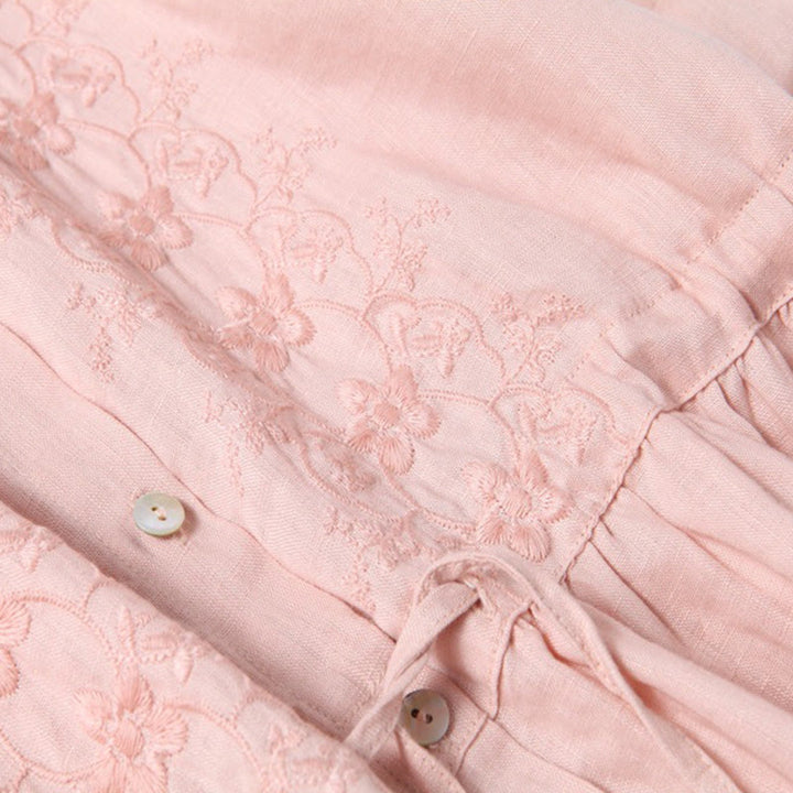 Buddha Stones Fall Embroidery Button Design Cotton Linen Long Sleeve Midi Dress With Pockets - image 10