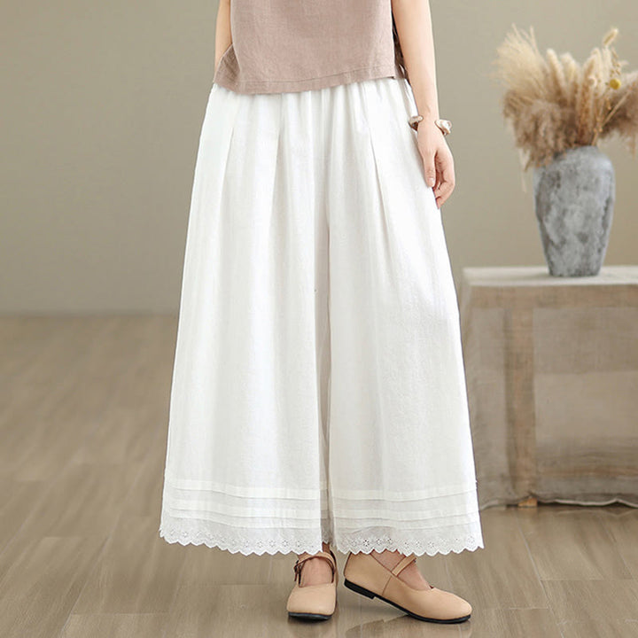 Buddha Stones Commute Simple Lace Design 7-8 Length Women's Wide Leg Cotton Linen Pants With Pockets - image 21