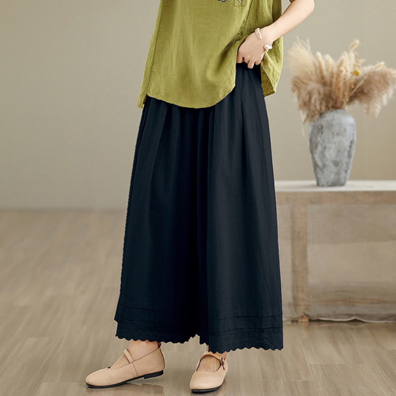Buddha Stones Commute Simple Lace Design 7-8 Length Women's Wide Leg Cotton Pants With Pockets - image 12