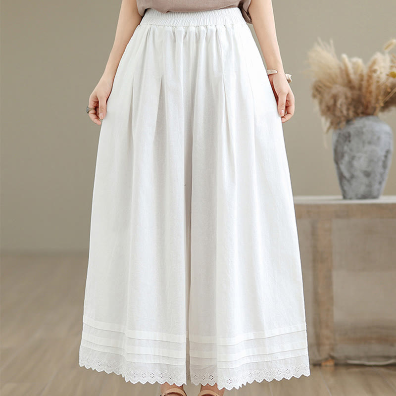 Buddha Stones Commute Simple Lace Design 7-8 Length Women's Wide Leg Cotton Pants With Pockets - image 20