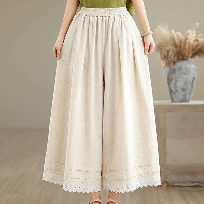 Buddha Stones Commute Simple Lace Design 7-8 Length Women's Wide Leg Cotton Linen Pants With Pockets - image 3
