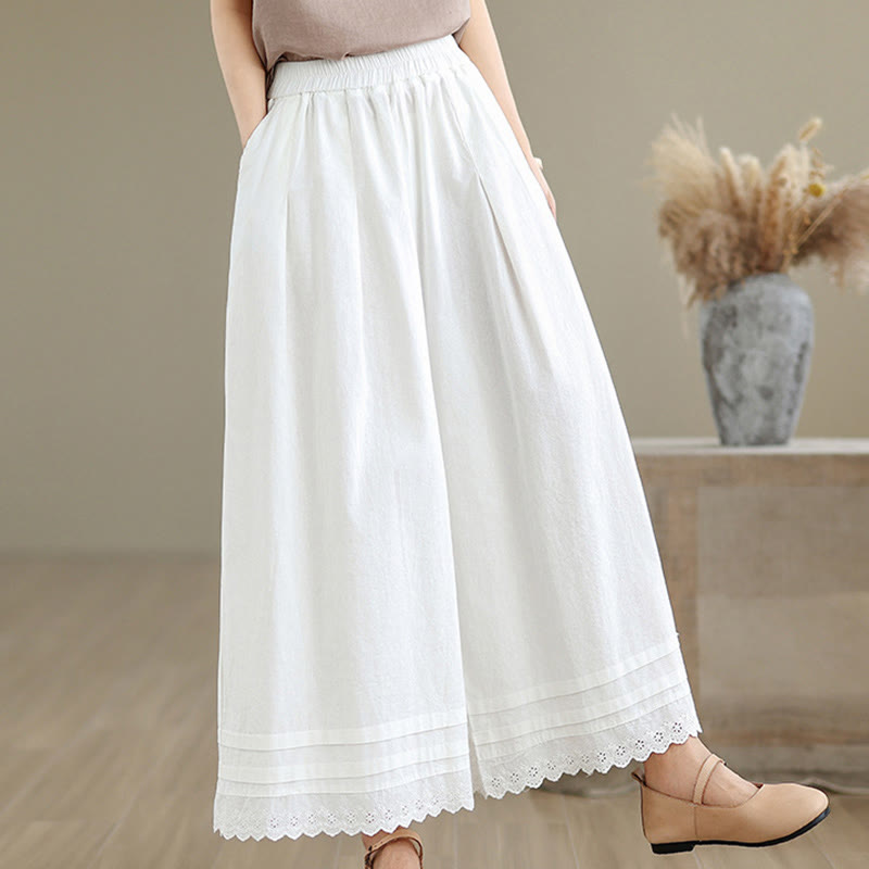 Buddha Stones Commute Simple Lace Design 7-8 Length Women's Wide Leg Cotton Linen Pants With Pockets - image 17