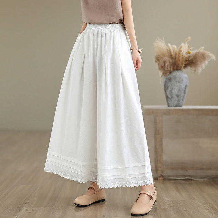 Buddha Stones Commute Simple Lace Design 7-8 Length Women's Wide Leg Cotton Linen Pants With Pockets - White - US6，UK/AU10，EU38 (XL) - image 16