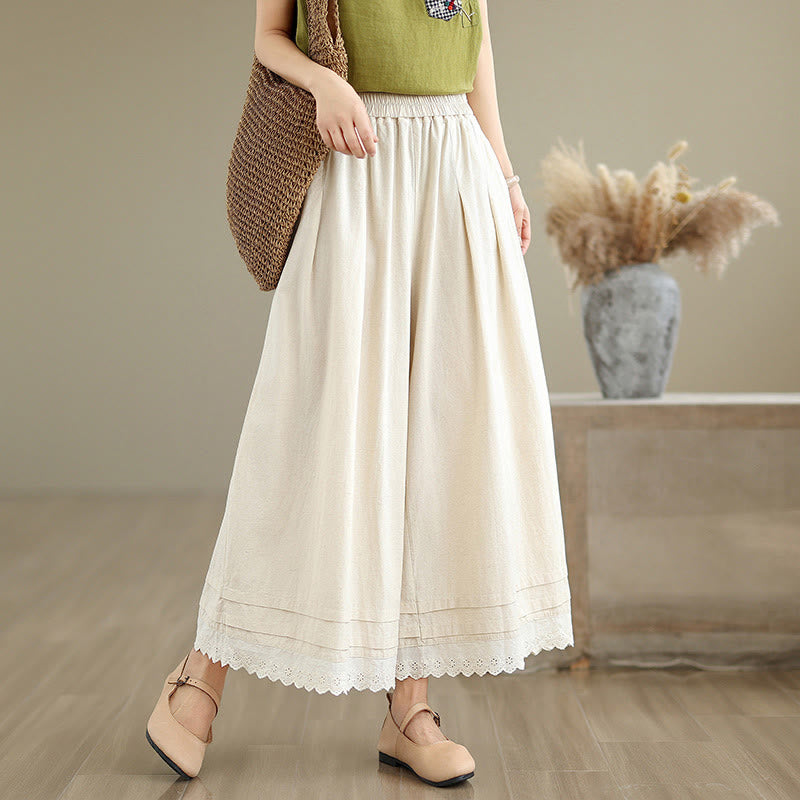 Buddha Stones Commute Simple Lace Design 7-8 Length Women's Wide Leg Cotton Linen Pants With Pockets - Beige - US6，UK/AU10，EU38 (XL) - image 0