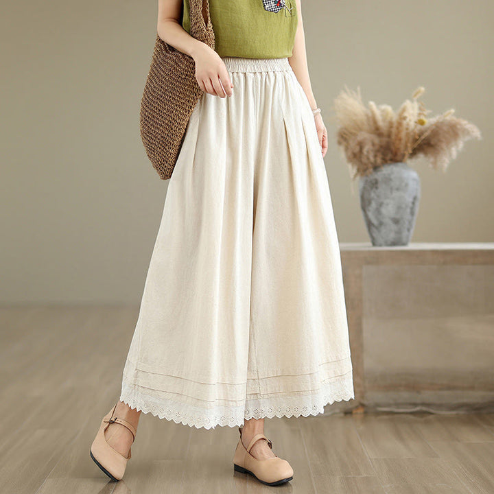 Buddha Stones Commute Simple Lace Design 7-8 Length Women's Wide Leg Cotton Linen Pants With Pockets - Beige - US6，UK/AU10，EU38 (XL) - image 0