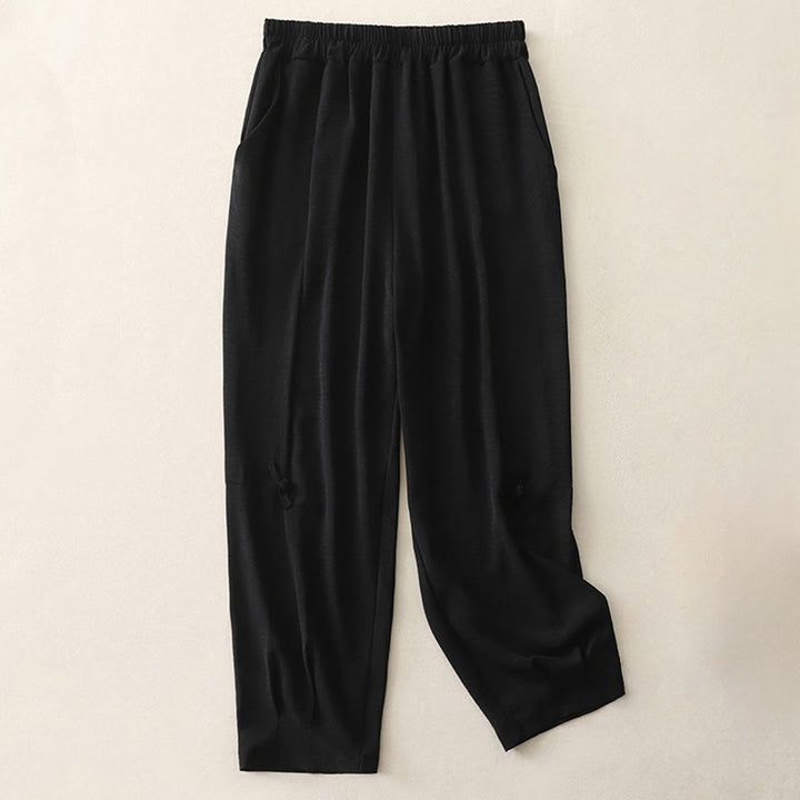 Buddha Stones Commute Casual Plain Frog-Button Design Women's Harem Cotton Linen 7-8 Length Pants With Pockets - Black - US8-10，UK/AU12-14，EU40-42 (2XL) - image 9