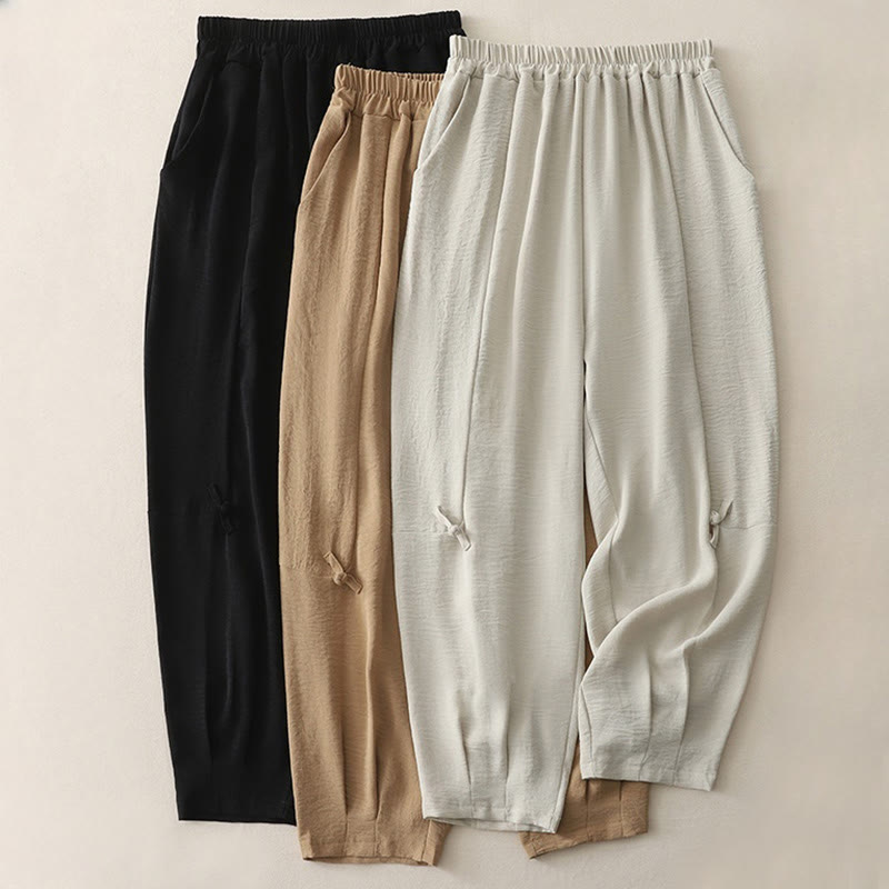 Buddha Stones Commute Casual Plain Frog-Button Design Women's Harem Cotton Linen 7-8 Length Pants With Pockets - image 18