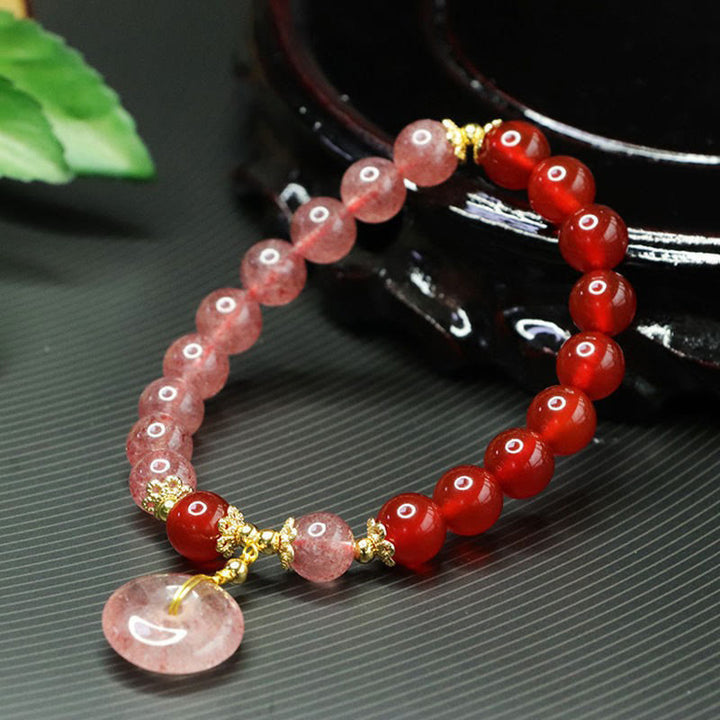 Buddha Stones Strawberry Quartz Red Agate Peace Buckle Positive Luck Bracelet - image 2