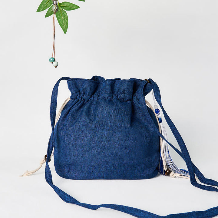 Buddha Stones Embroidered Navy Blue Crane Cotton Linen Crossbody Bag Shoulder Bag - image 2