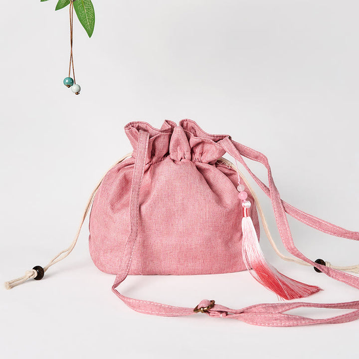 Buddha Stones Embroidered Light Pink Lotus Cotton Linen Crossbody Bag Shoulder Bag - image 2