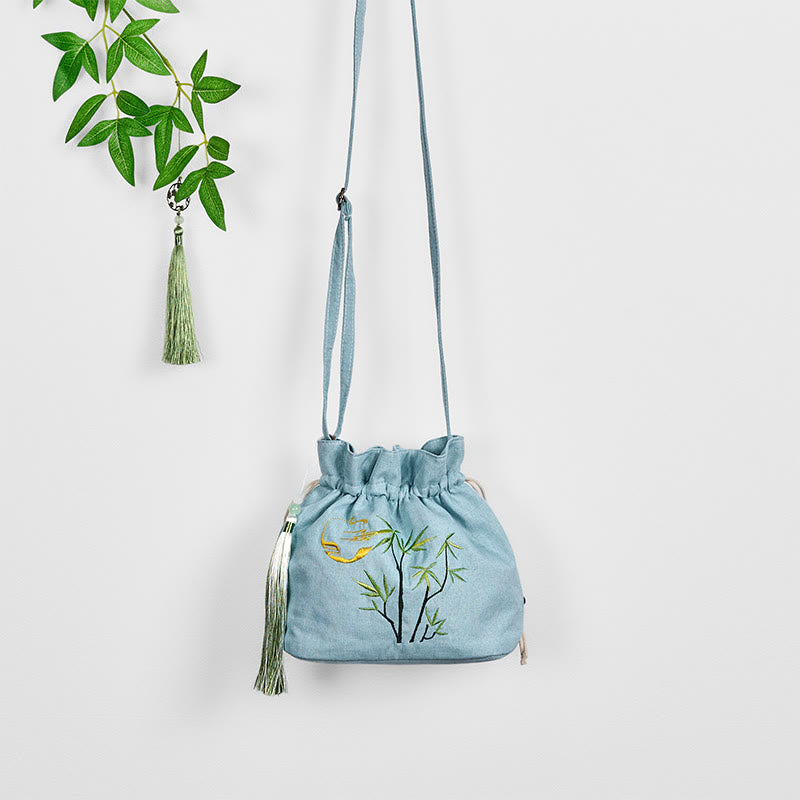 Buddha Stones Embroidered Green Bamboo Cotton Linen Crossbody Bag Shoulder Bag - image 4