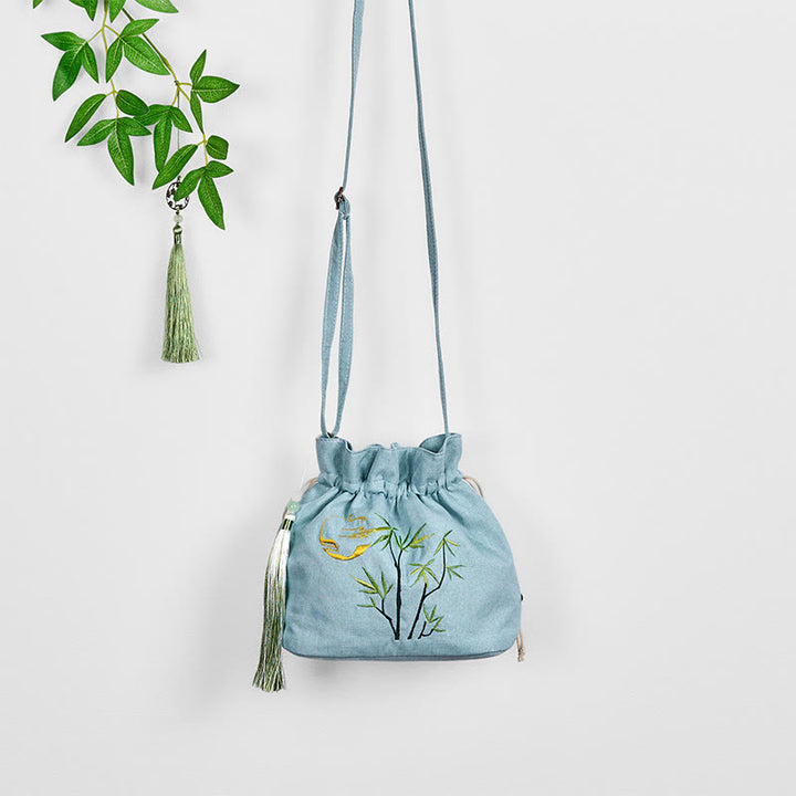 Buddha Stones Embroidered Green Bamboo Cotton Linen Crossbody Bag Shoulder Bag - image 4