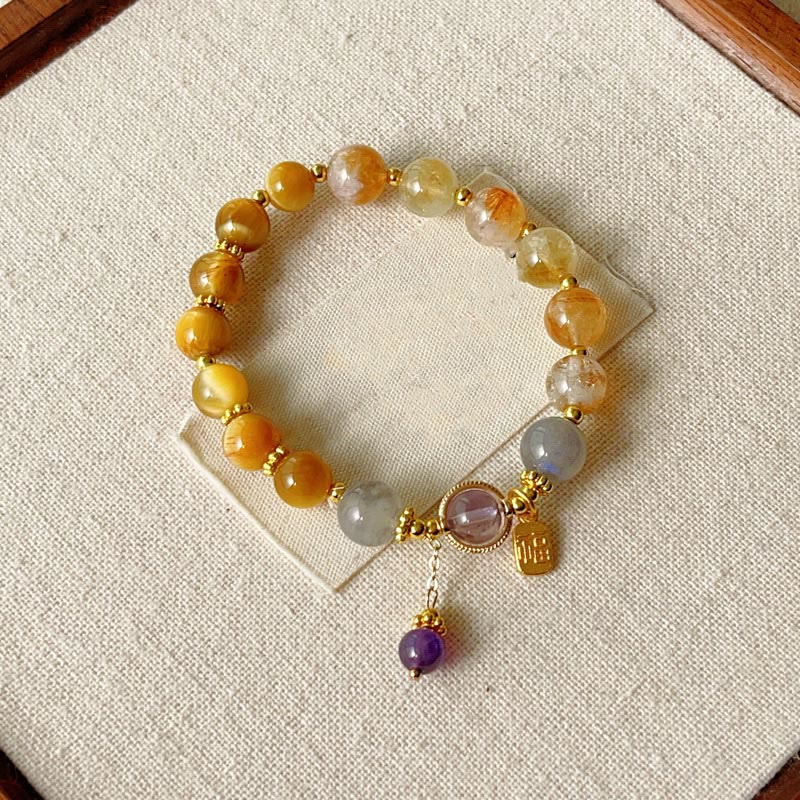 Buddha Stones Natural Citrine Tiger Eye Fu Character Prosperity Bracelet - Citrine & Tiger Eye(Wrist Circumference: 15-16cm) - image 0