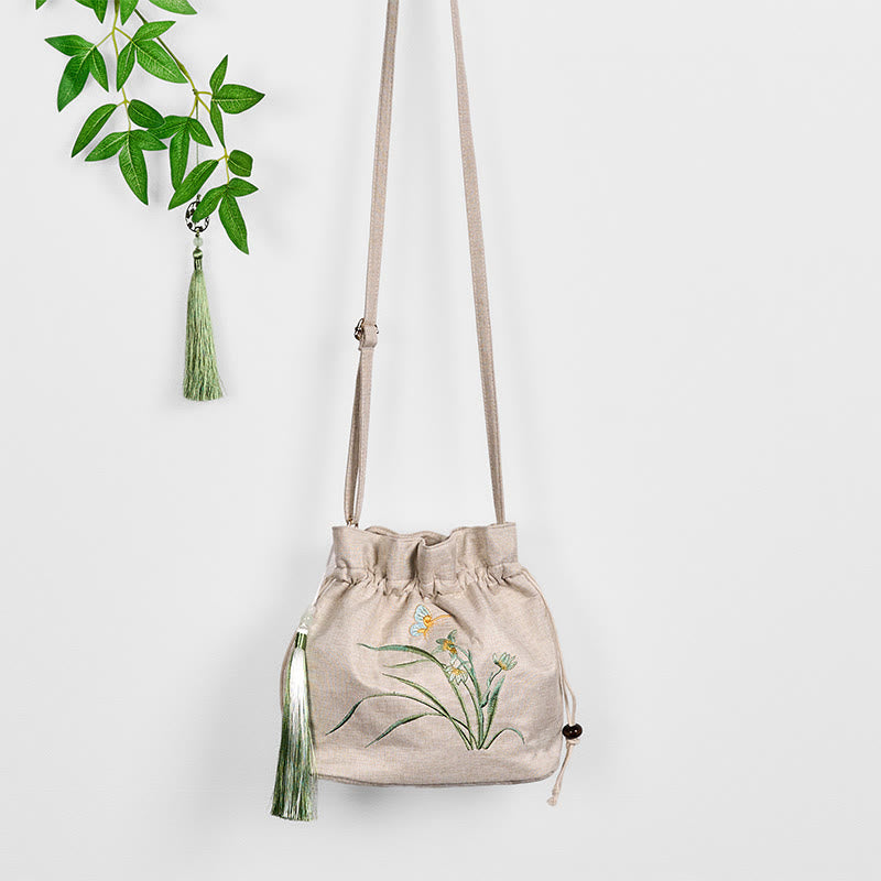 Buddha Stones Embroidered Beige Orchid Grass Cotton Linen Crossbody Bag Shoulder Bag - image 4