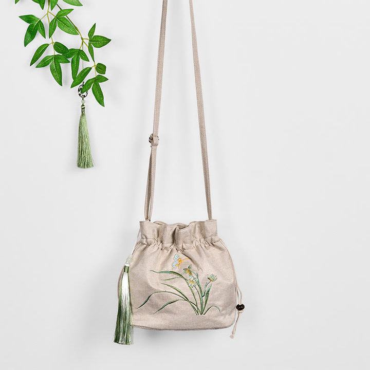 Buddha Stones Embroidered Beige Orchid Grass Cotton Linen Crossbody Bag Shoulder Bag - image 4