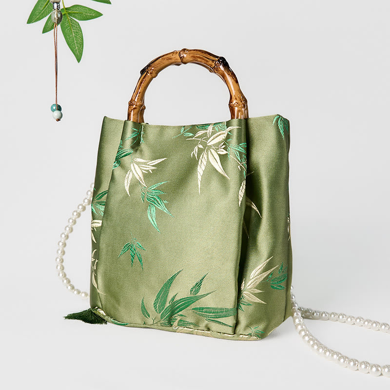 Buddha Stones Embroidery Leaves Bamboo Handle Pearl Crossbody Bag Hangbags - image 2