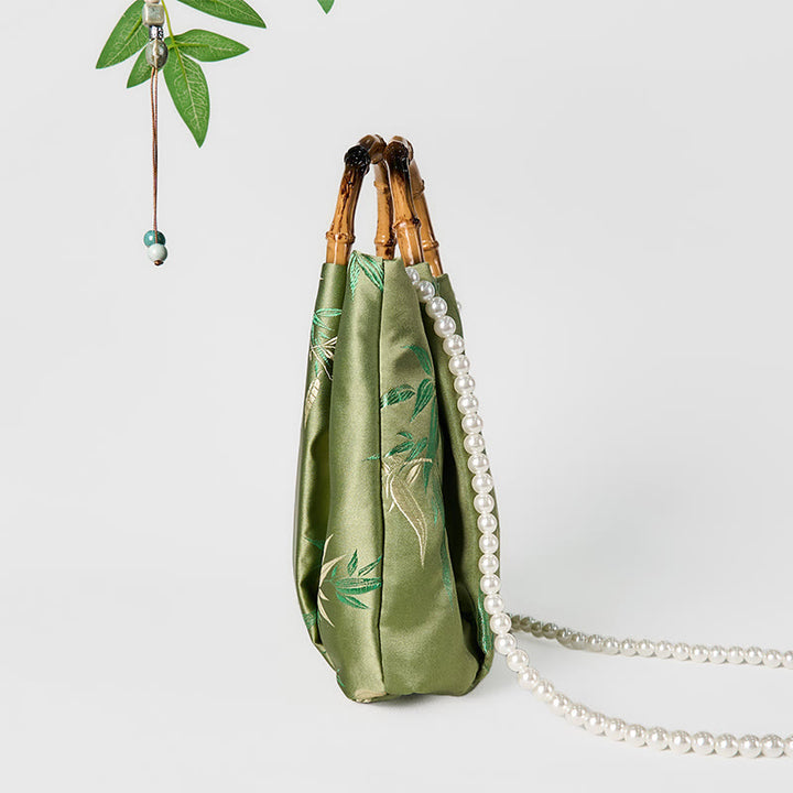 Buddha Stones Embroidery Leaves Bamboo Handle Pearl Crossbody Bag Hangbags - image 3