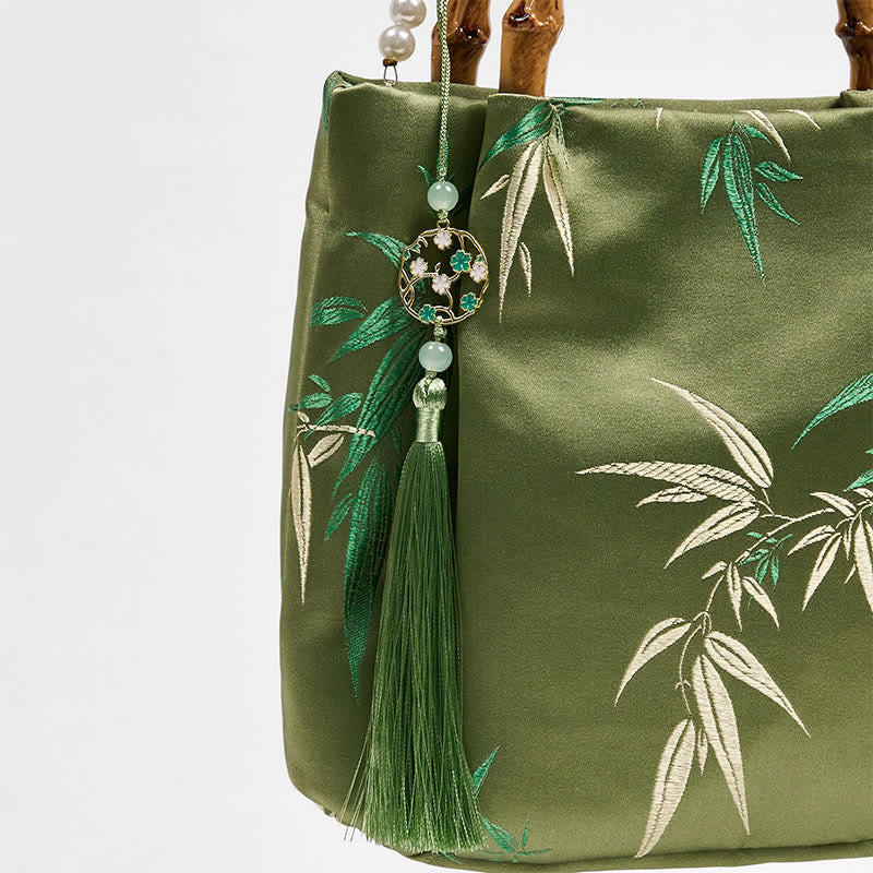 Buddha Stones Embroidery Leaves Bamboo Handle Pearl Crossbody Bag Hangbags - image 5