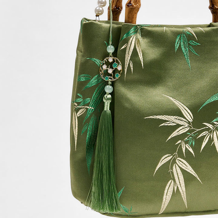Buddha Stones Embroidery Leaves Bamboo Handle Pearl Crossbody Bag Hangbags - image 5