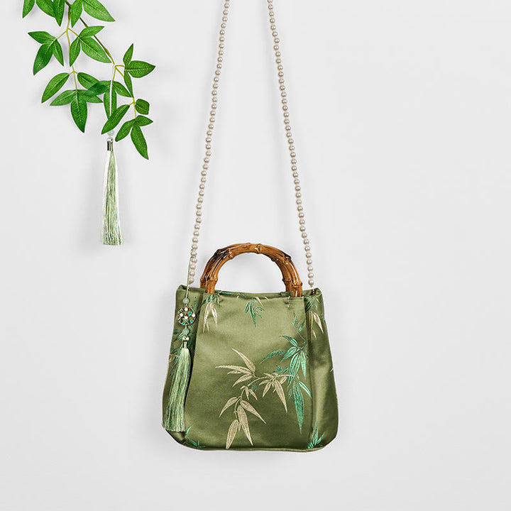 Buddha Stones Embroidery Leaves Bamboo Handle Pearl Crossbody Bag Hangbags - image 4