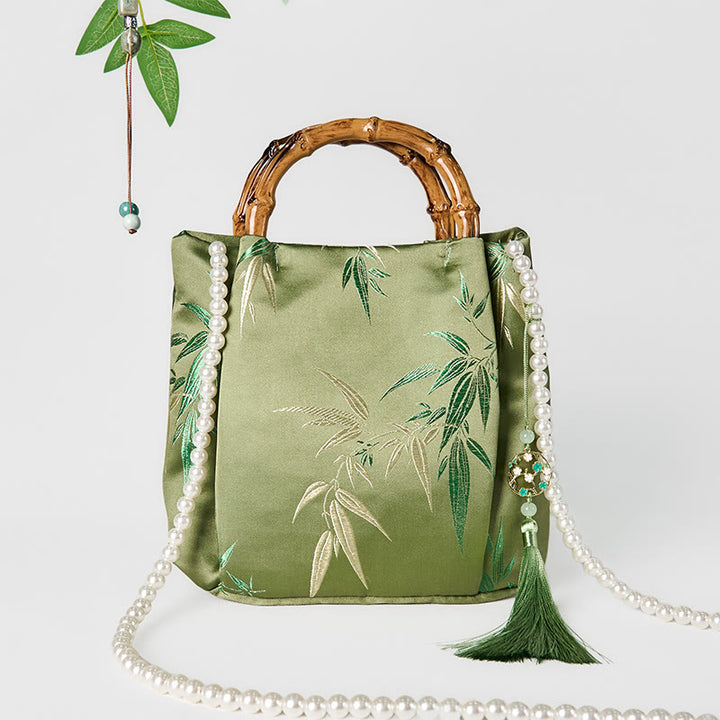 Buddha Stones Embroidery Leaves Bamboo Handle Pearl Crossbody Bag Hangbags - Green- 20*20*8cm - image 0