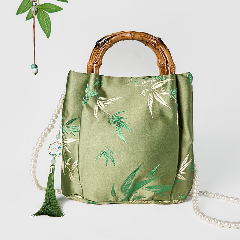 Buddha Stones Embroidery Leaves Bamboo Handle Pearl Crossbody Bag Hangbags - image 1