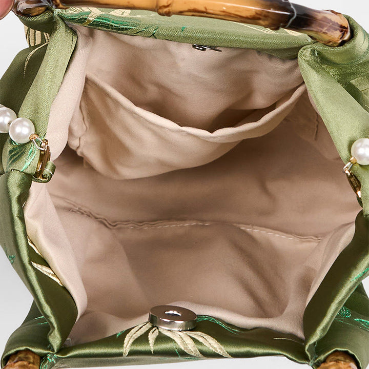 Buddha Stones Embroidery Leaves Bamboo Handle Pearl Crossbody Bag Hangbags - image 6