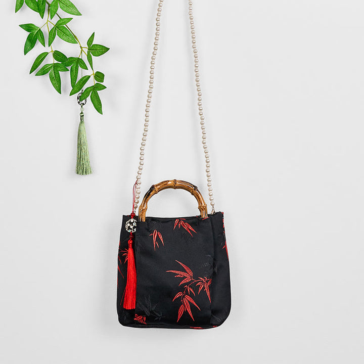 Buddha Stones Polyester Cotton Embroidery Leaves Bamboo Handle Pearl Crossbody Bag Hangbags - image 4