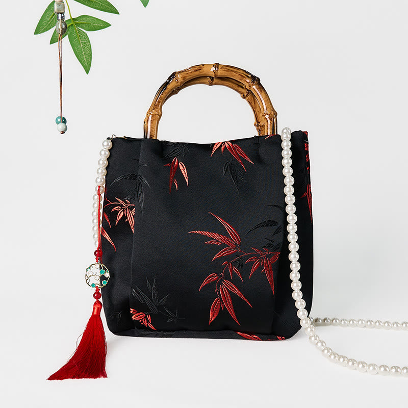 Buddha Stones Polyester Cotton Embroidery Leaves Bamboo Handle Pearl Crossbody Bag Hangbags - Black- 20*20*8cm - image 0