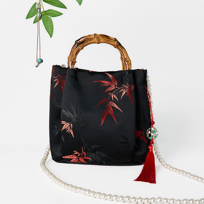 Buddha Stones Polyester Cotton Embroidery Leaves Bamboo Handle Pearl Crossbody Bag Hangbags - image 1