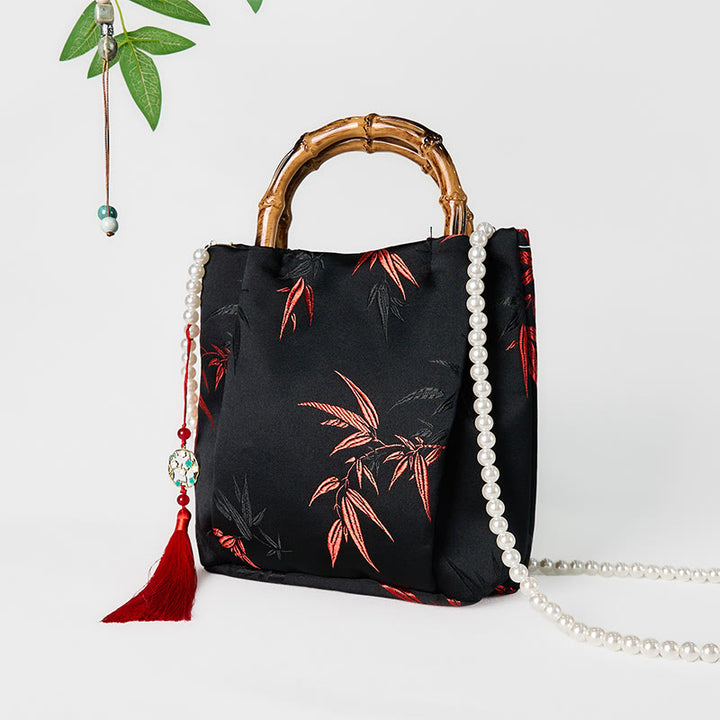 Buddha Stones Polyester Cotton Embroidery Leaves Bamboo Handle Pearl Crossbody Bag Hangbags - image 2
