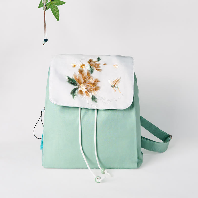 Buddha Stones Handmade Green Peony Flowers Embroidered Large Capacity Canvas Backpack - Green Peony Flower - image 0