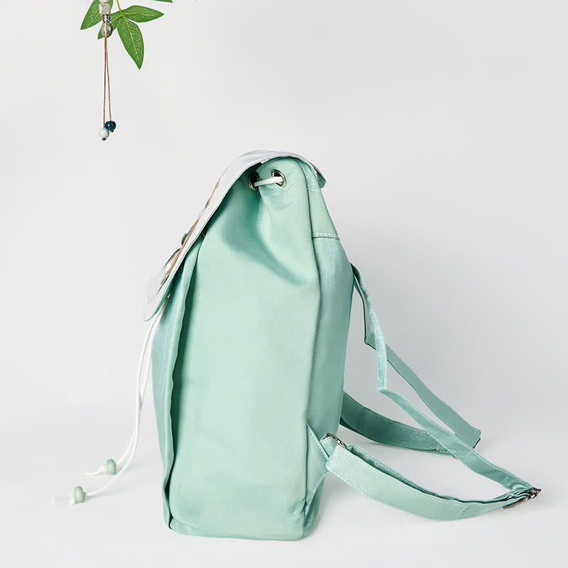 Buddha Stones Handmade Green Peony Flowers Embroidered Large Capacity Canvas Backpack - image 4