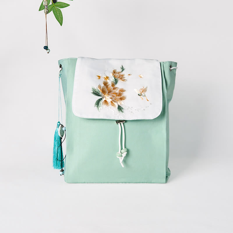 Buddha Stones Handmade Green Peony Flowers Embroidered Large Capacity Canvas Backpack - image 2