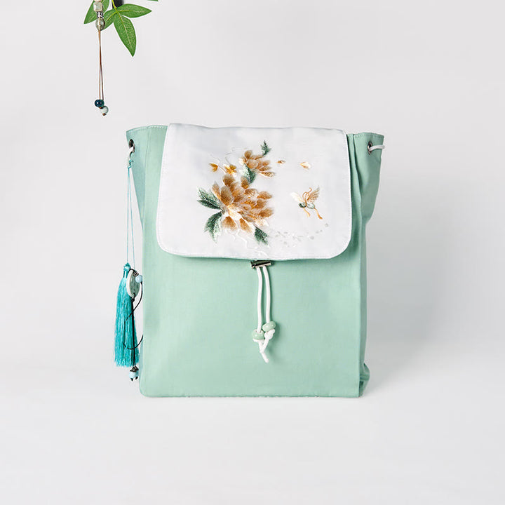Buddha Stones Handmade Green Peony Flowers Embroidered Large Capacity Canvas Backpack - image 2
