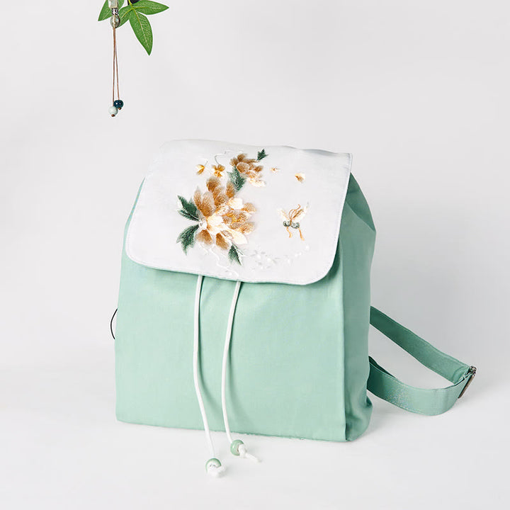 Buddha Stones Handmade Green Peony Flowers Embroidered Large Capacity Canvas Backpack - image 3