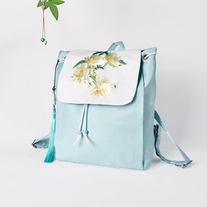 Buddha Stones Handmade Blue Epiphyllum Embroidered Large Capacity Canvas Backpack - image 4