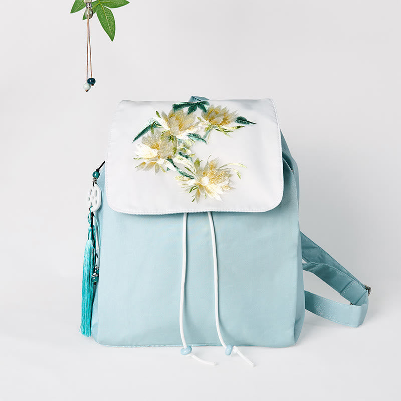 Buddha Stones Handmade Blue Epiphyllum Embroidered Large Capacity Canvas Backpack - Blue Epiphyllum - image 0