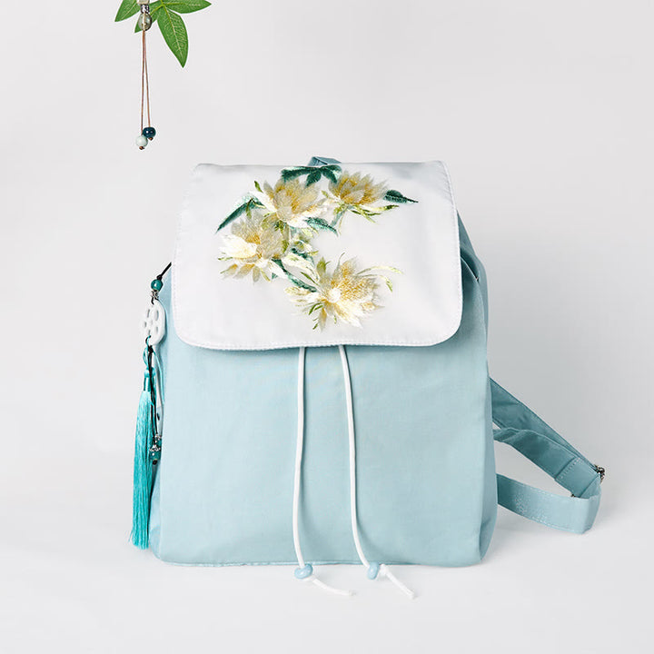 Buddha Stones Handmade Blue Epiphyllum Embroidered Large Capacity Canvas Backpack - Blue Epiphyllum - image 0
