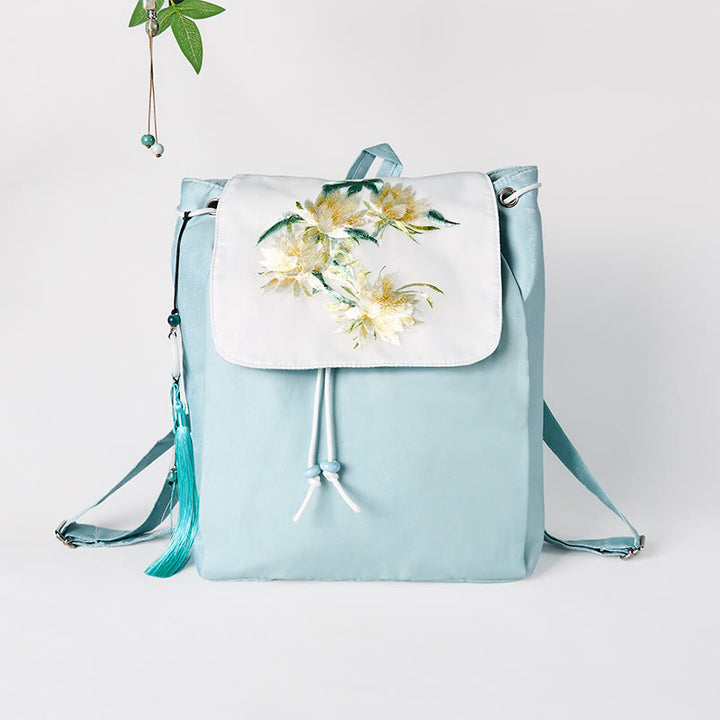 Buddha Stones Handmade Blue Epiphyllum Embroidered Large Capacity Canvas Backpack - image 2