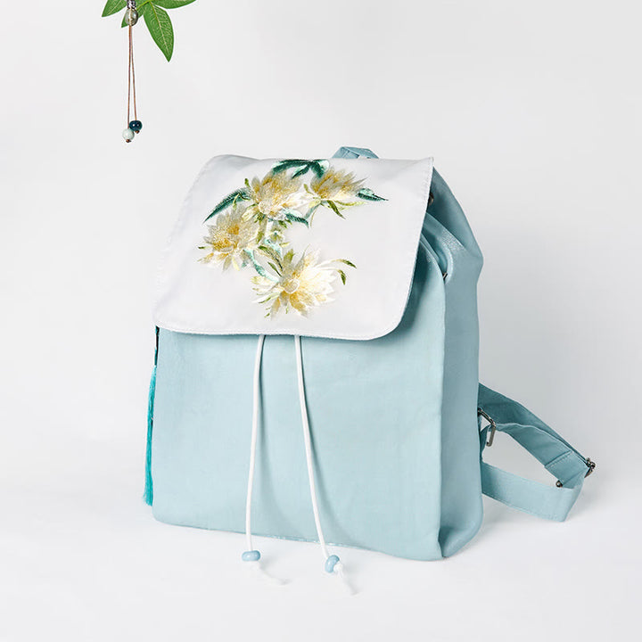 Buddha Stones Handmade Blue Epiphyllum Embroidered Large Capacity Canvas Backpack - image 3
