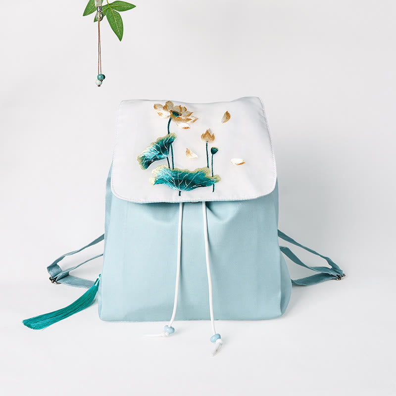 Buddha Stones Handmade Blue Lotus Embroidered Large Capacity Canvas Backpack - Blue Lotus - image 0