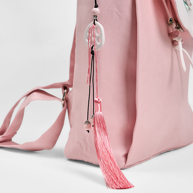 Buddha Stones Handmade Pink Peony Flowers Embroidered Large Capacity Canvas Backpack - image 4